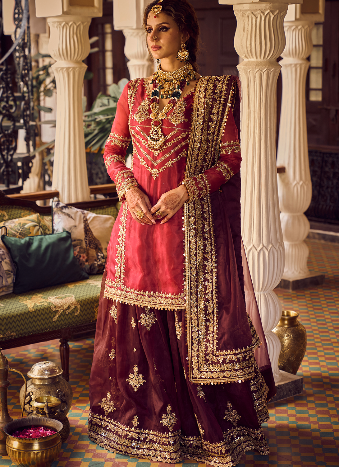 Red and Maroon Embroidered Sharara Suit