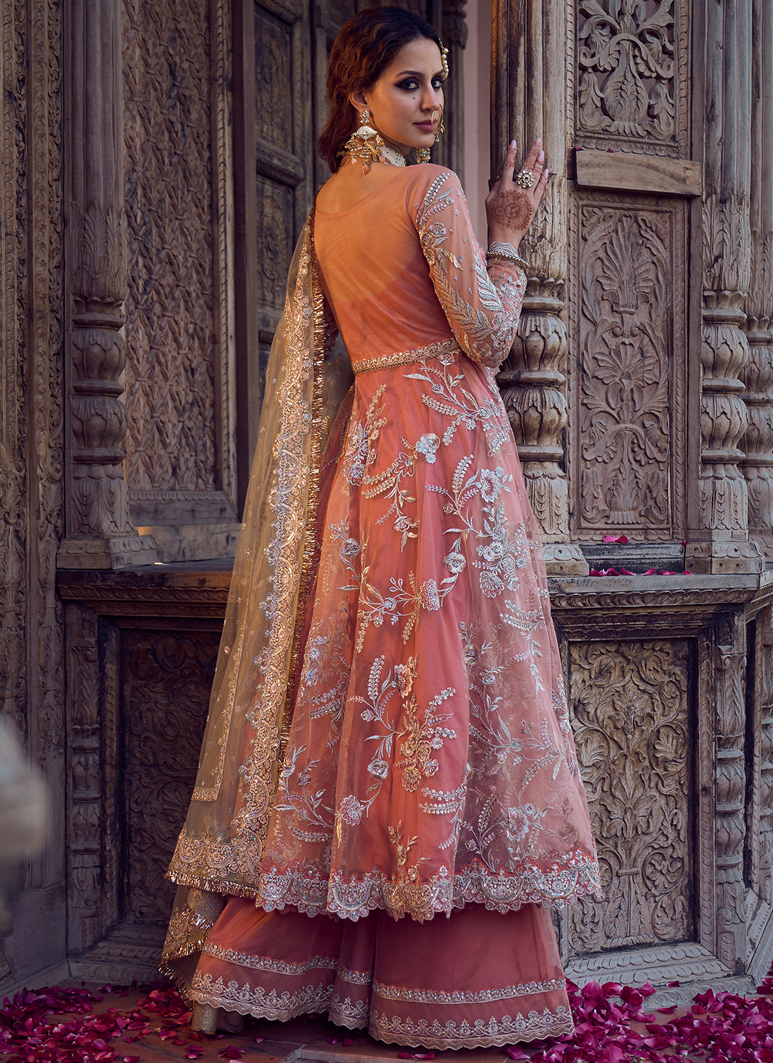 Coral and Mint Embroidered Anarkali Style Palazzo