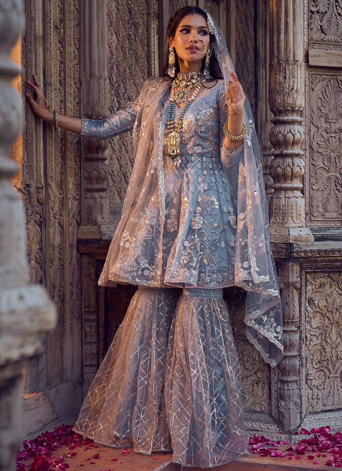 Dusty Blue Embroidered Gharara Suit