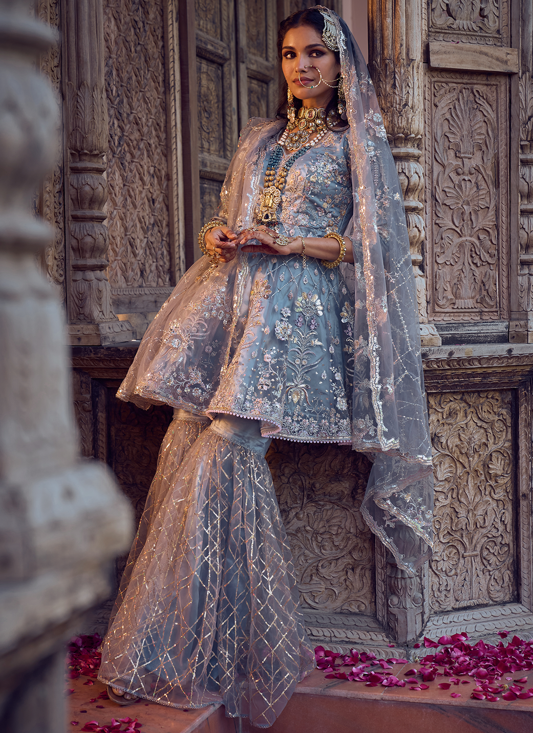 Dusty Blue Embroidered Gharara Suit