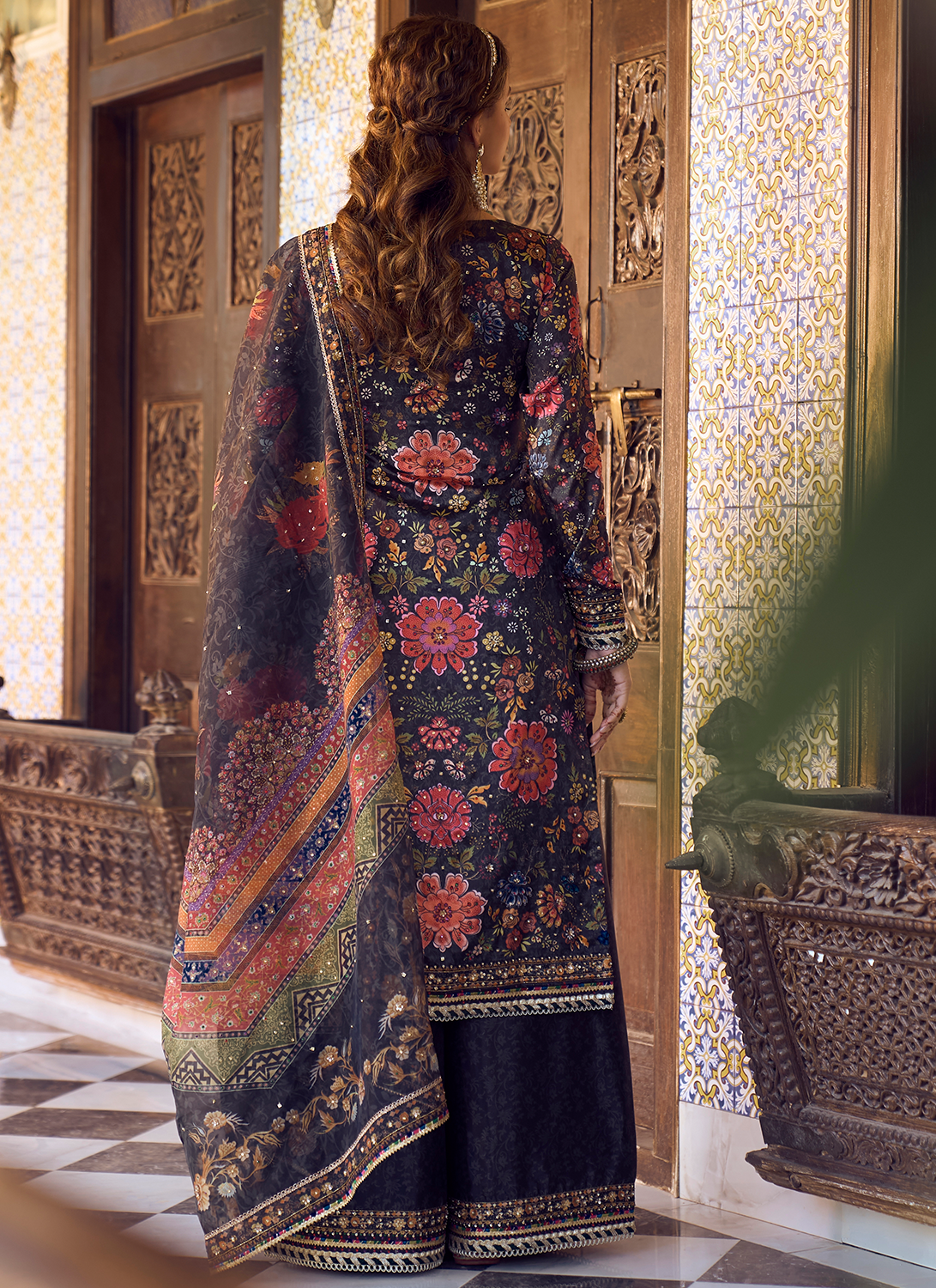 Black Floral Embroidered Palazzo Suit