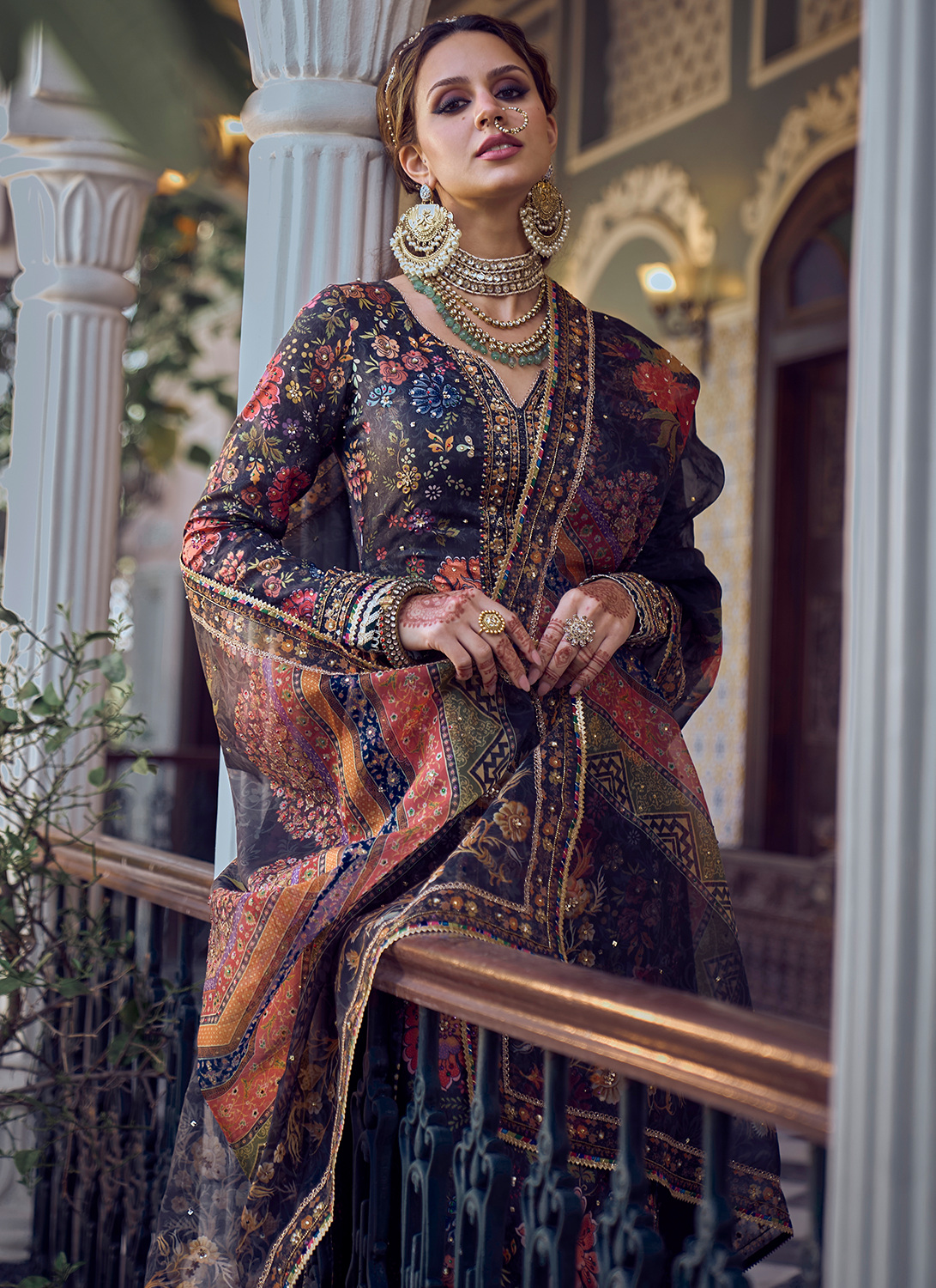 Black Floral Embroidered Palazzo Suit