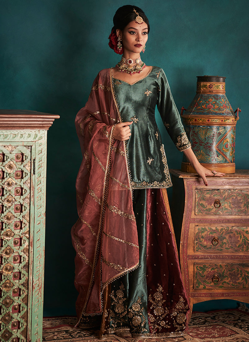 Teal Multicolor Embroidered Velvet Sharara