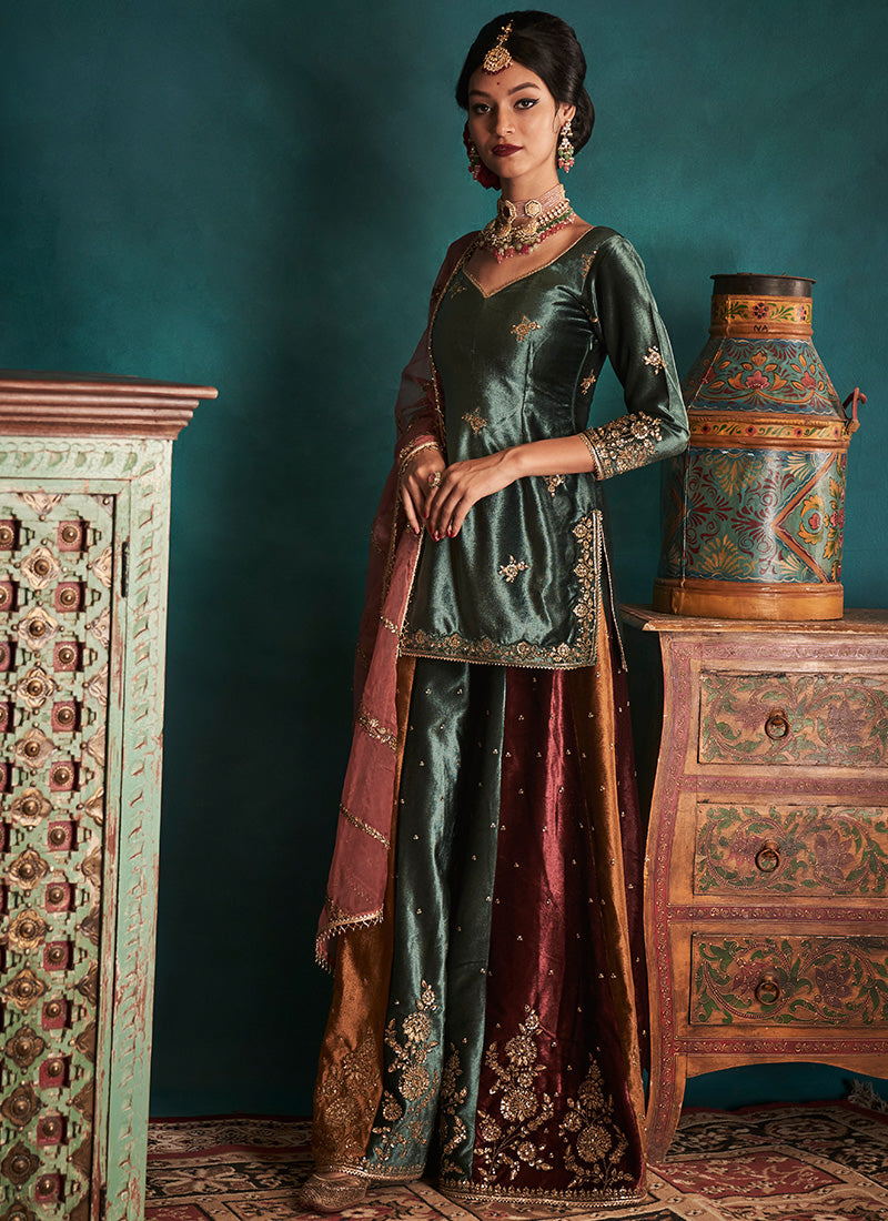 Teal Multicolor Embroidered Velvet Sharara