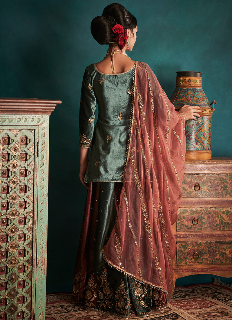 Teal Multicolor Embroidered Velvet Sharara