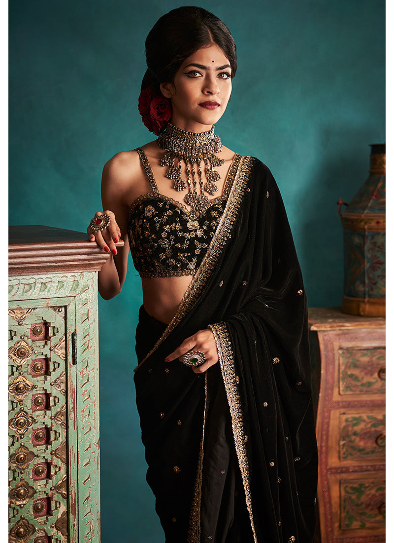 Black and Gold Embroidered Velvet Saree