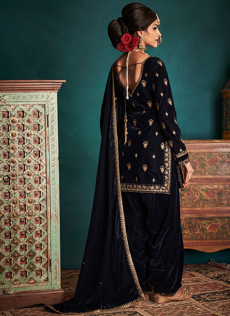 Navy Blue Embroidered Velvet Patiala Suit
