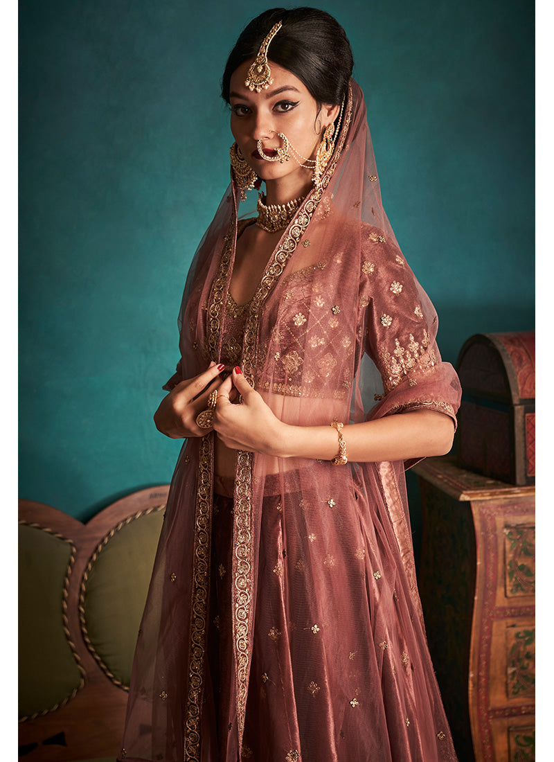 Dusty Mauve and Gold Embroidered Velvet Lehenga