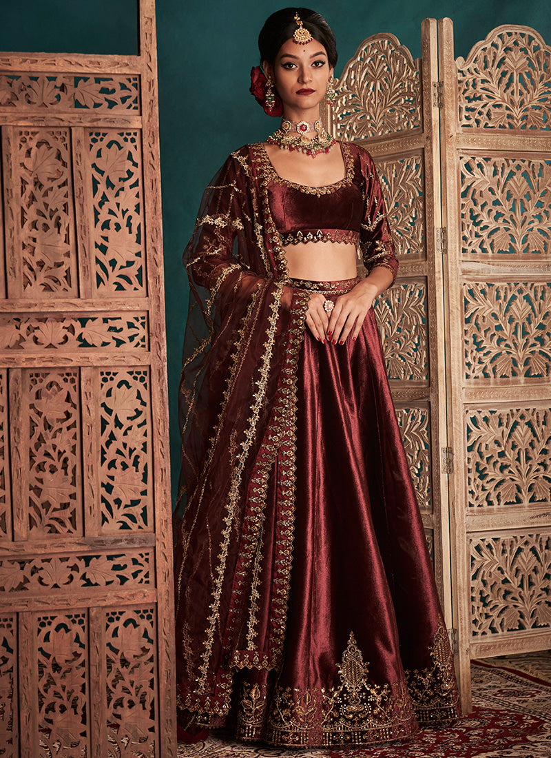 Burgundy and Gold Embroidered Velvet Lehenga