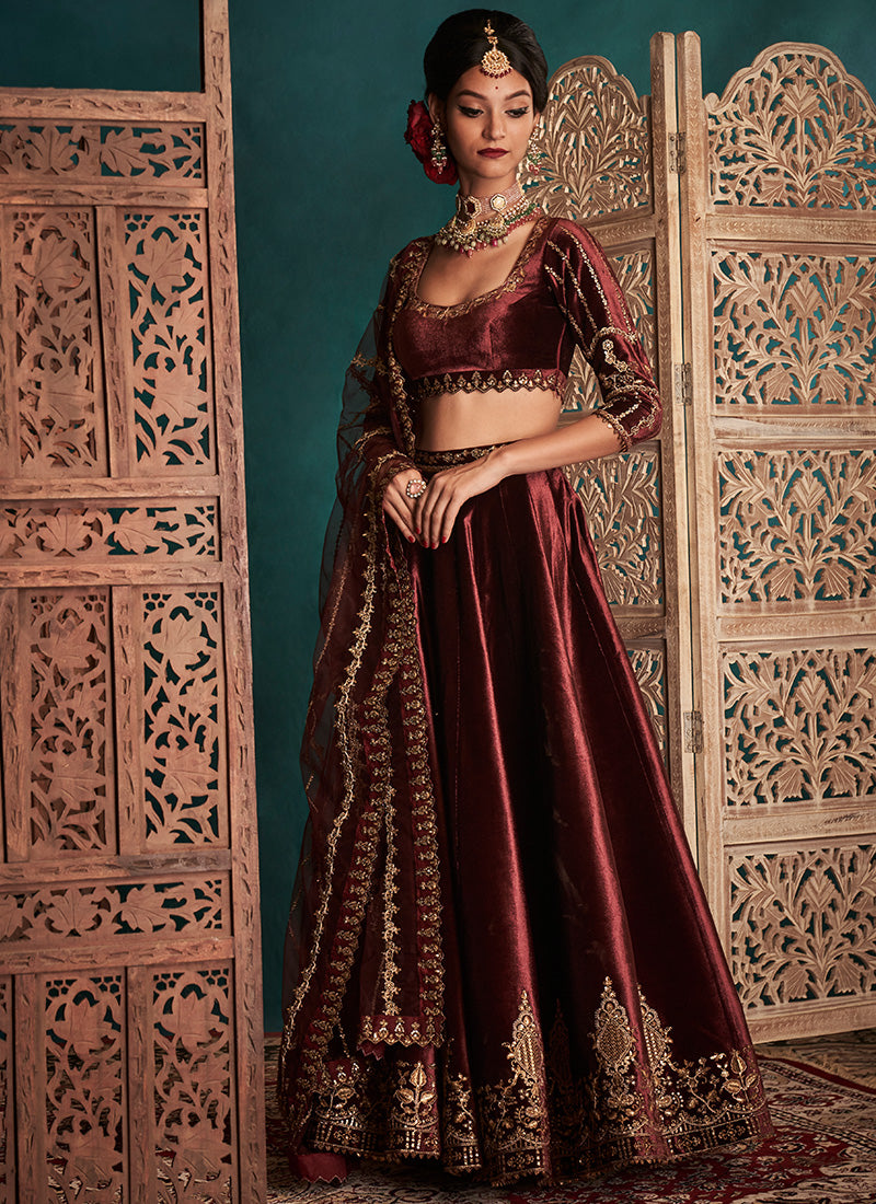Burgundy and Gold Embroidered Velvet Lehenga