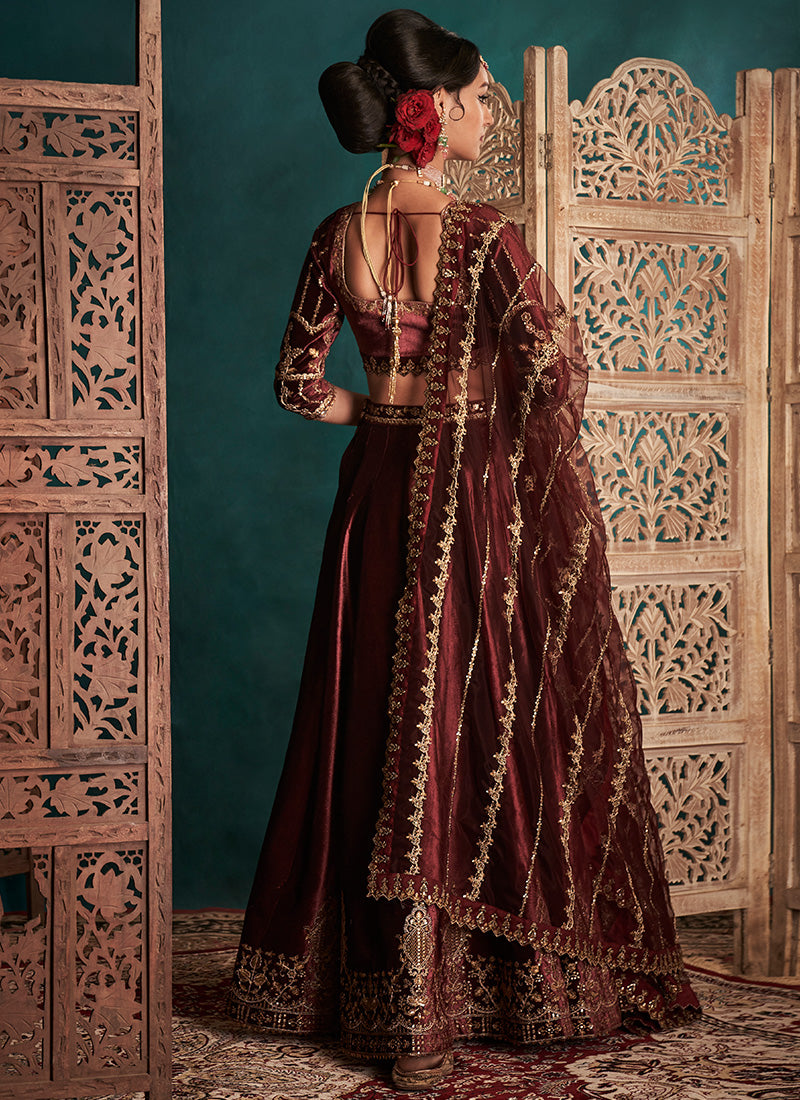 Burgundy and Gold Embroidered Velvet Lehenga