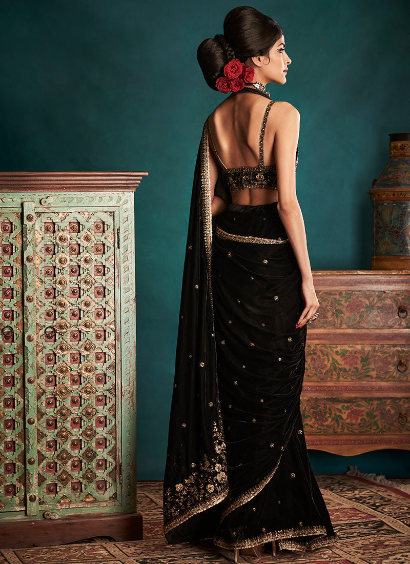 Black and Gold Embroidered Velvet Saree