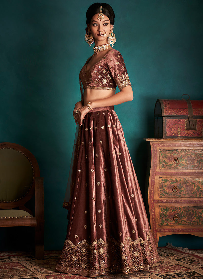 Dusty Mauve and Gold Embroidered Velvet Lehenga