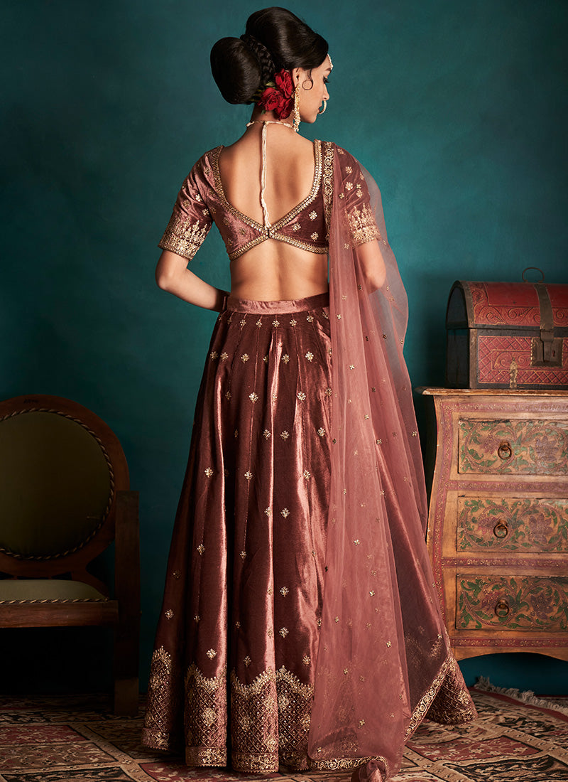Dusty Mauve and Gold Embroidered Velvet Lehenga