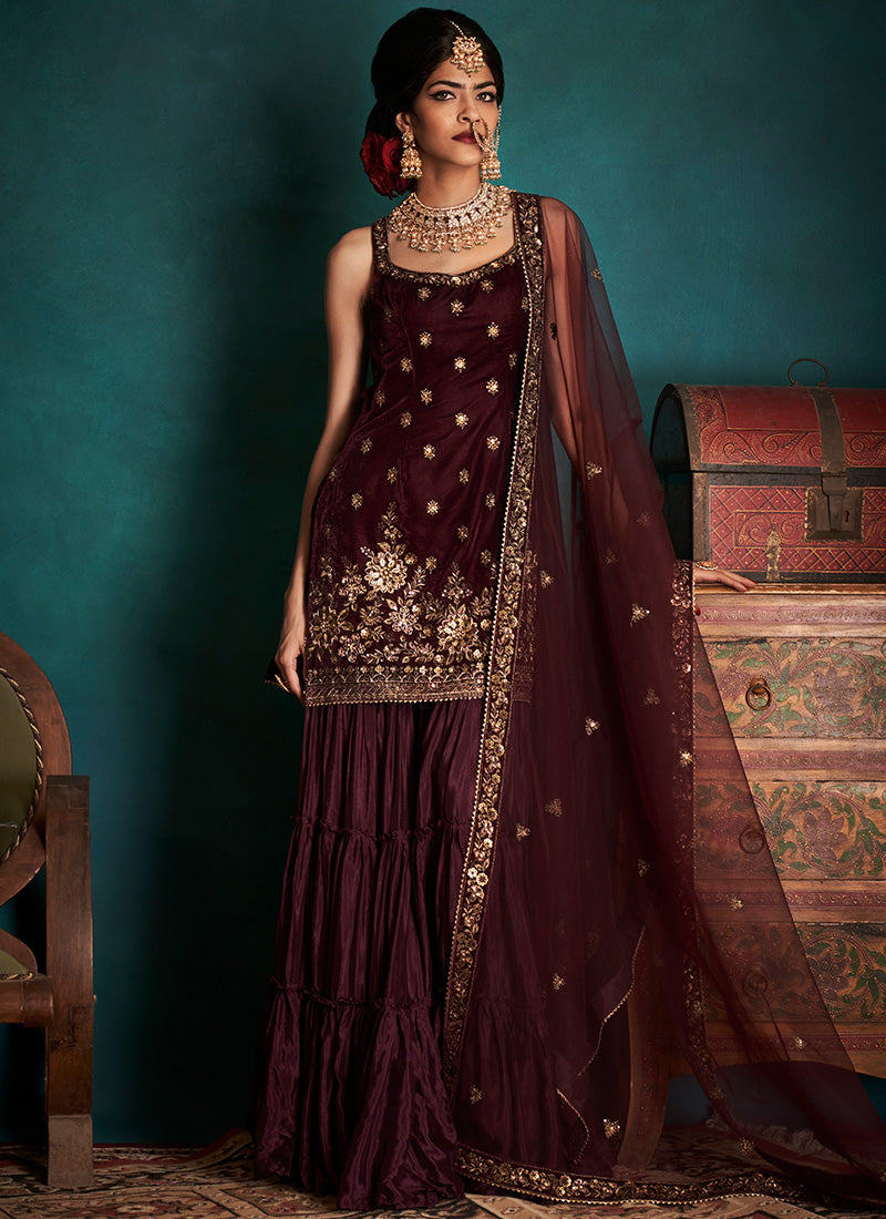 Dark Wine and Gold Embroidered Velvet Sharara