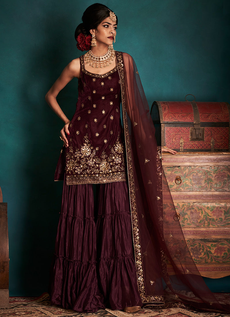 Dark Wine and Gold Embroidered Velvet Sharara