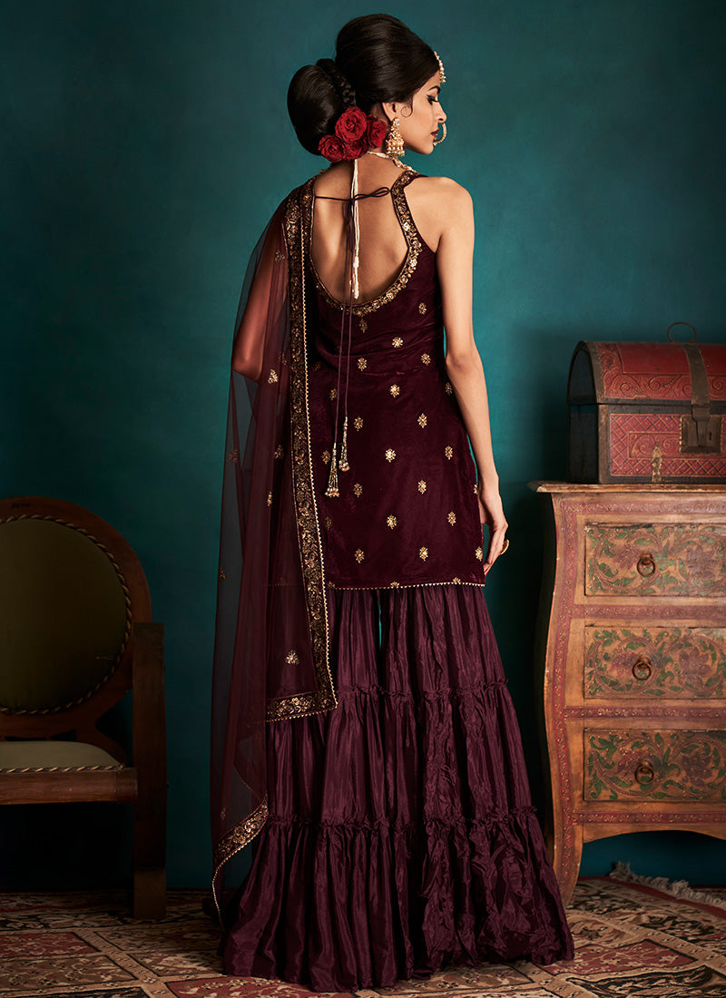 Dark Wine and Gold Embroidered Velvet Sharara