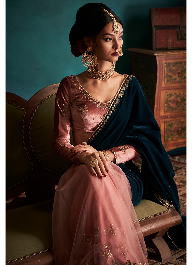 Teal and Pink Embroidered Velvet Saree