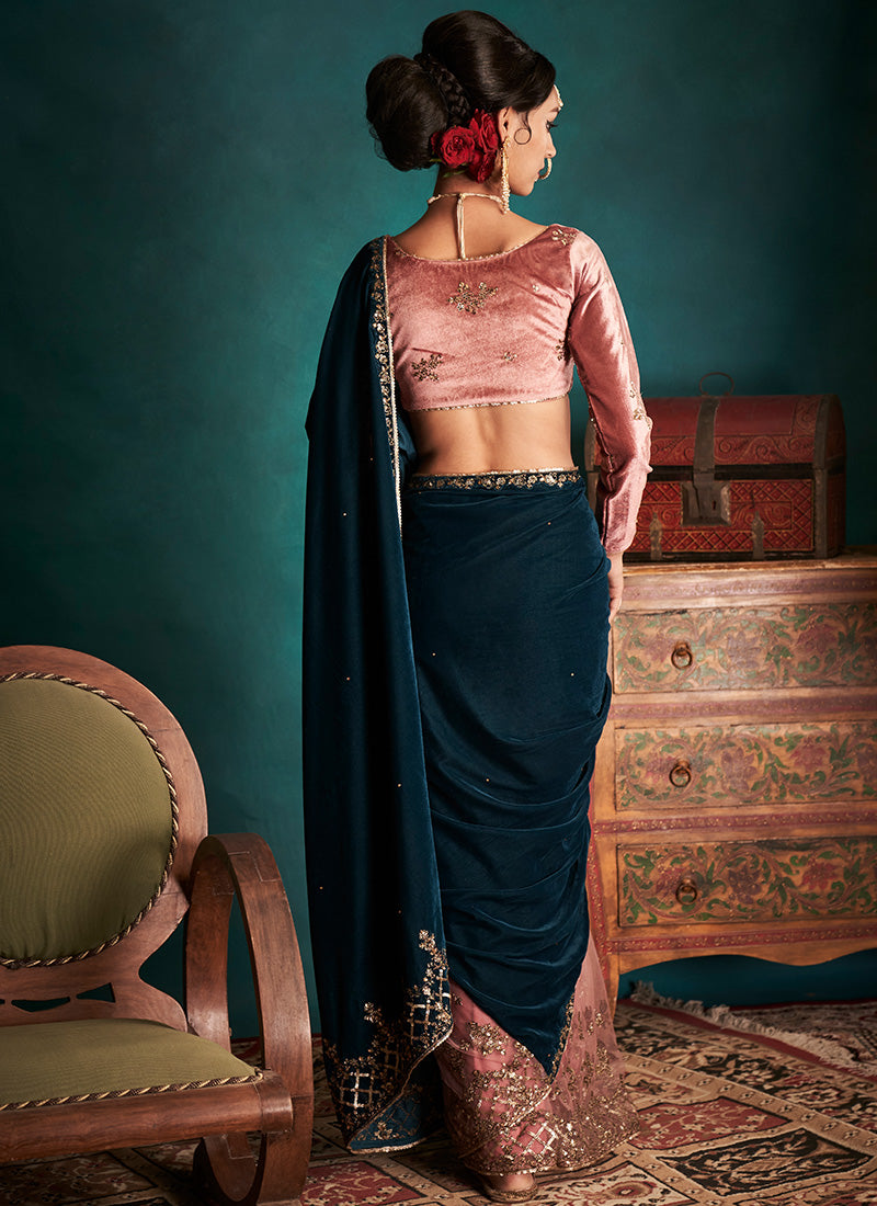 Teal and Pink Embroidered Velvet Saree