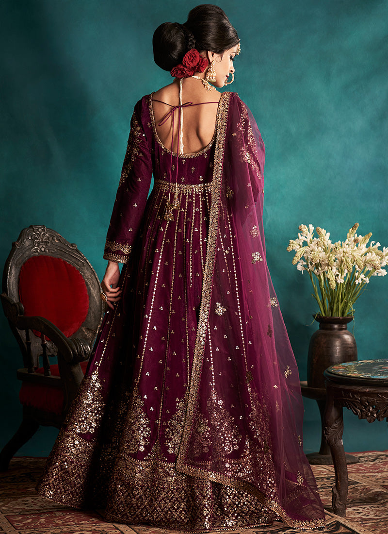 Wine and Gold Embroidered Velvet Anarkali