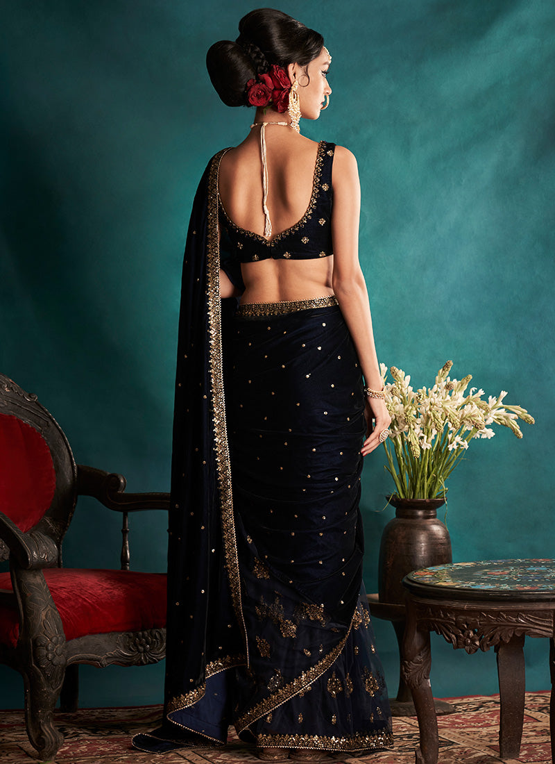 Navy Blue Embroidered Velvet Saree