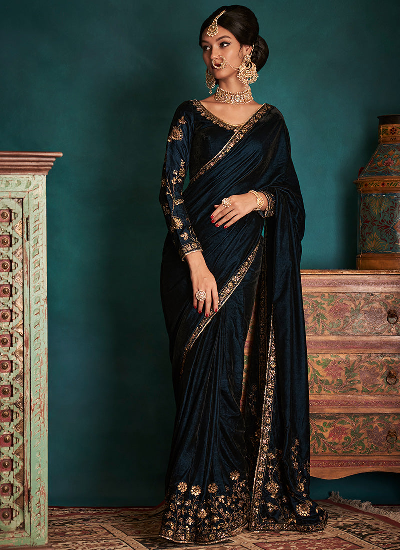 Dark Teal and Gold Embroidered Velvet Saree