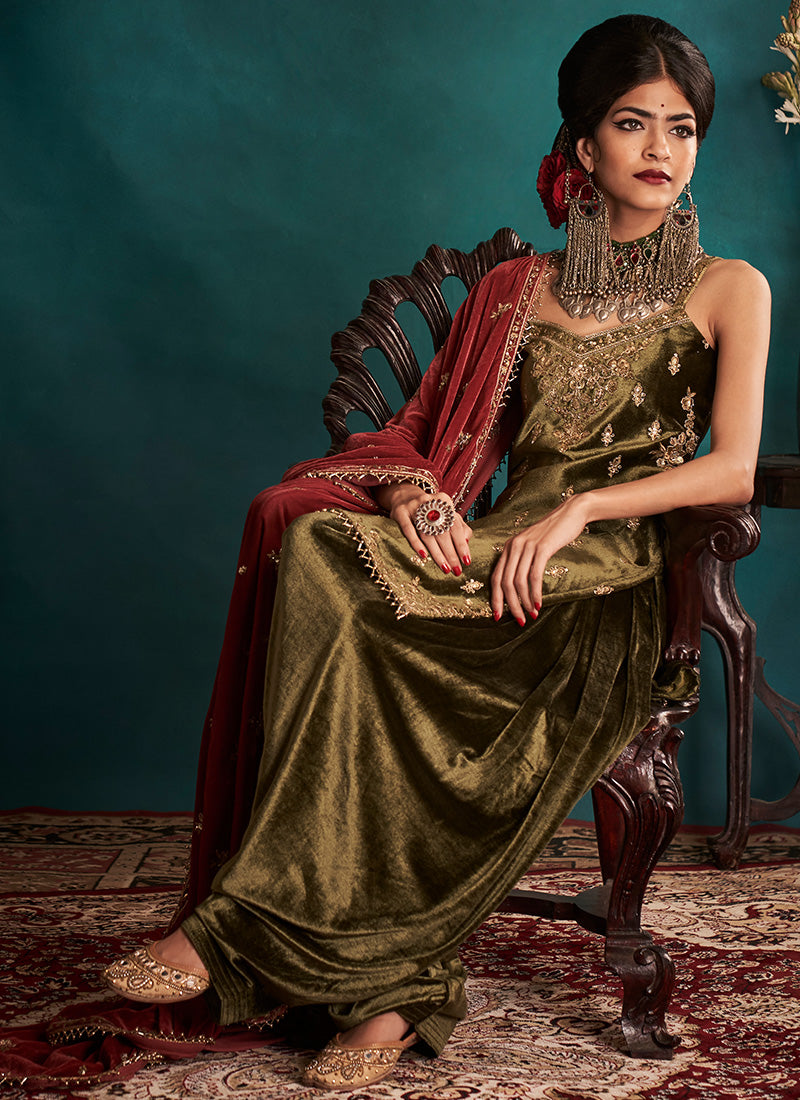Mehendi Green and Rust Embroidered Velvet Punjabi Suit