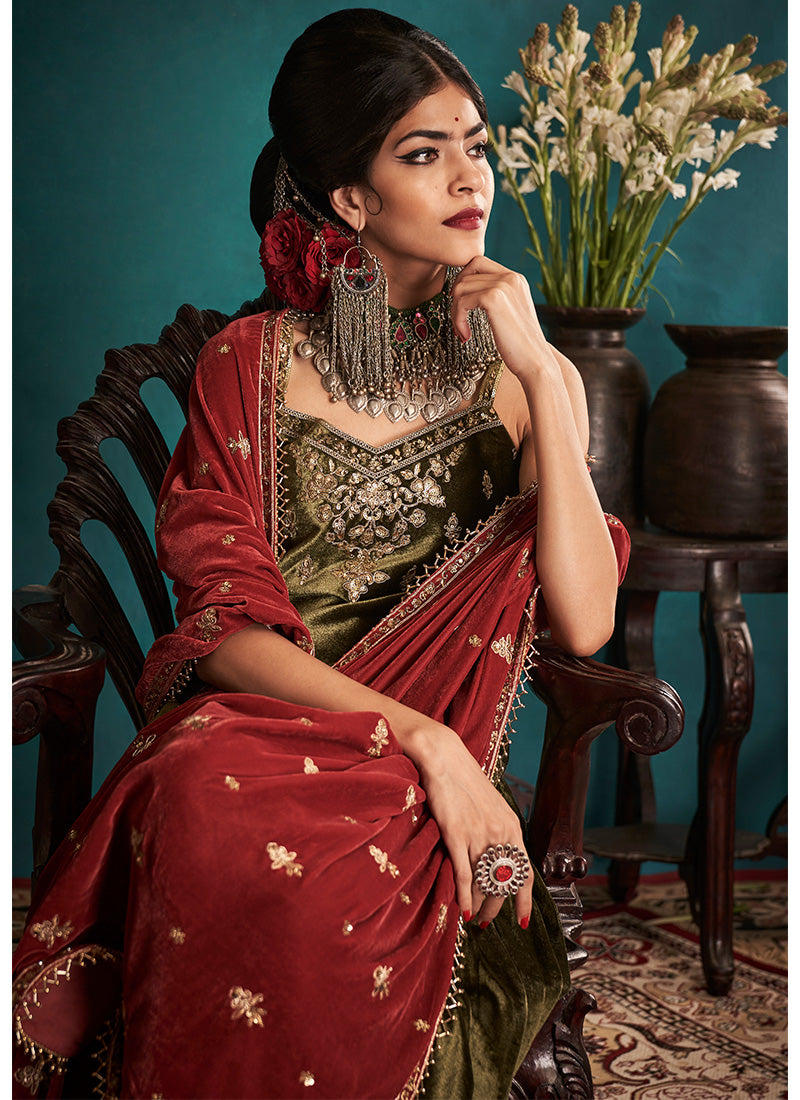 Mehendi Green and Rust Embroidered Velvet Punjabi Suit