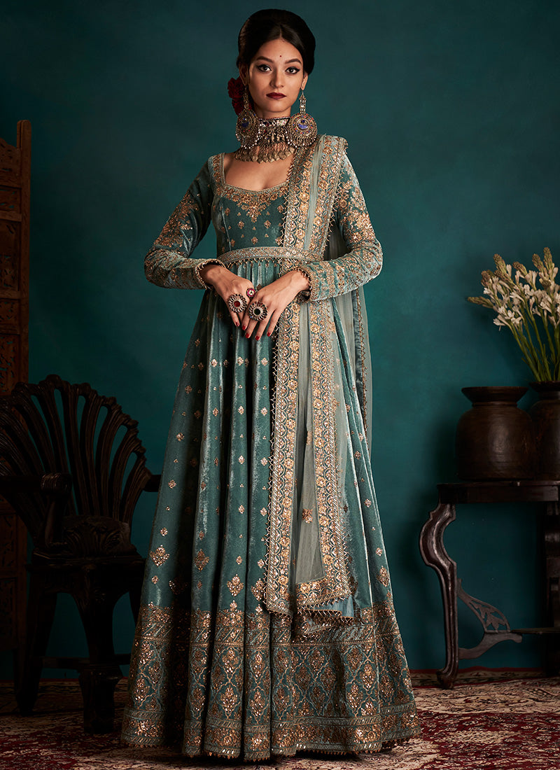 Dusty Turquoise Embroidered Velvet Anarkali