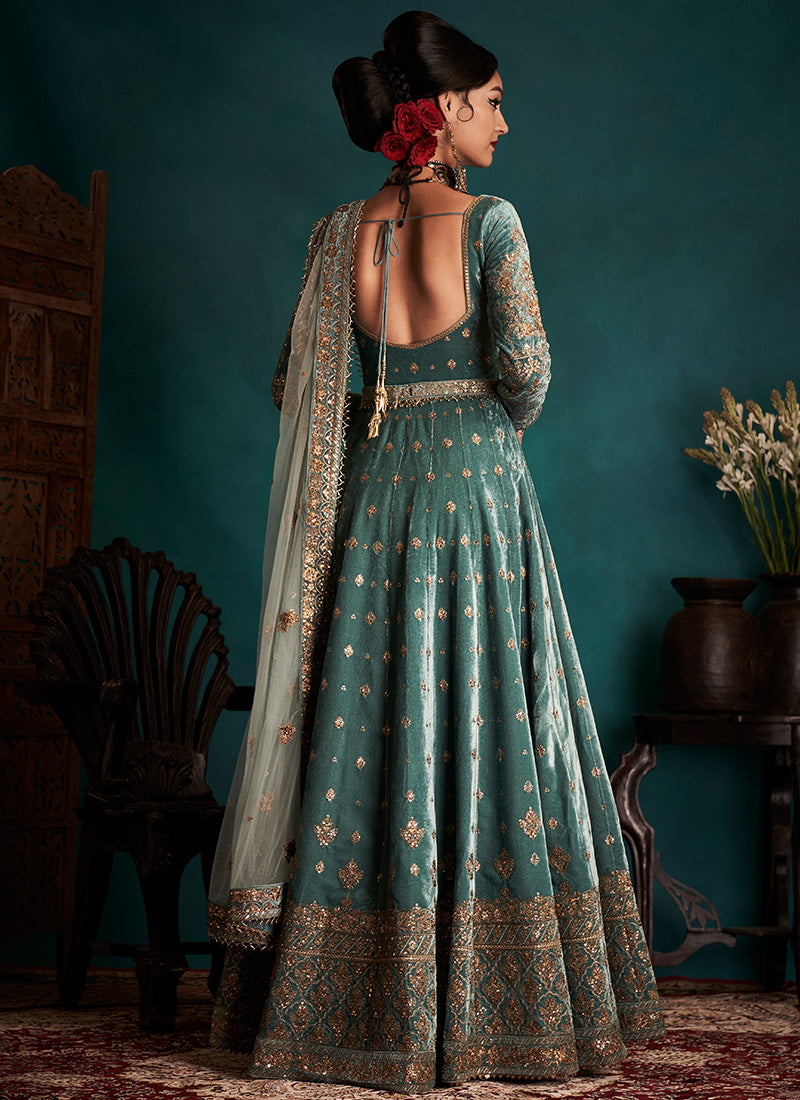 Dusty Turquoise Embroidered Velvet Anarkali