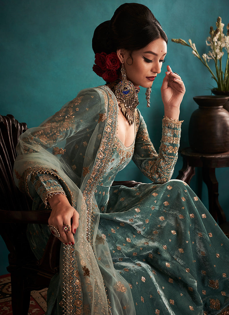 Dusty Turquoise Embroidered Velvet Anarkali