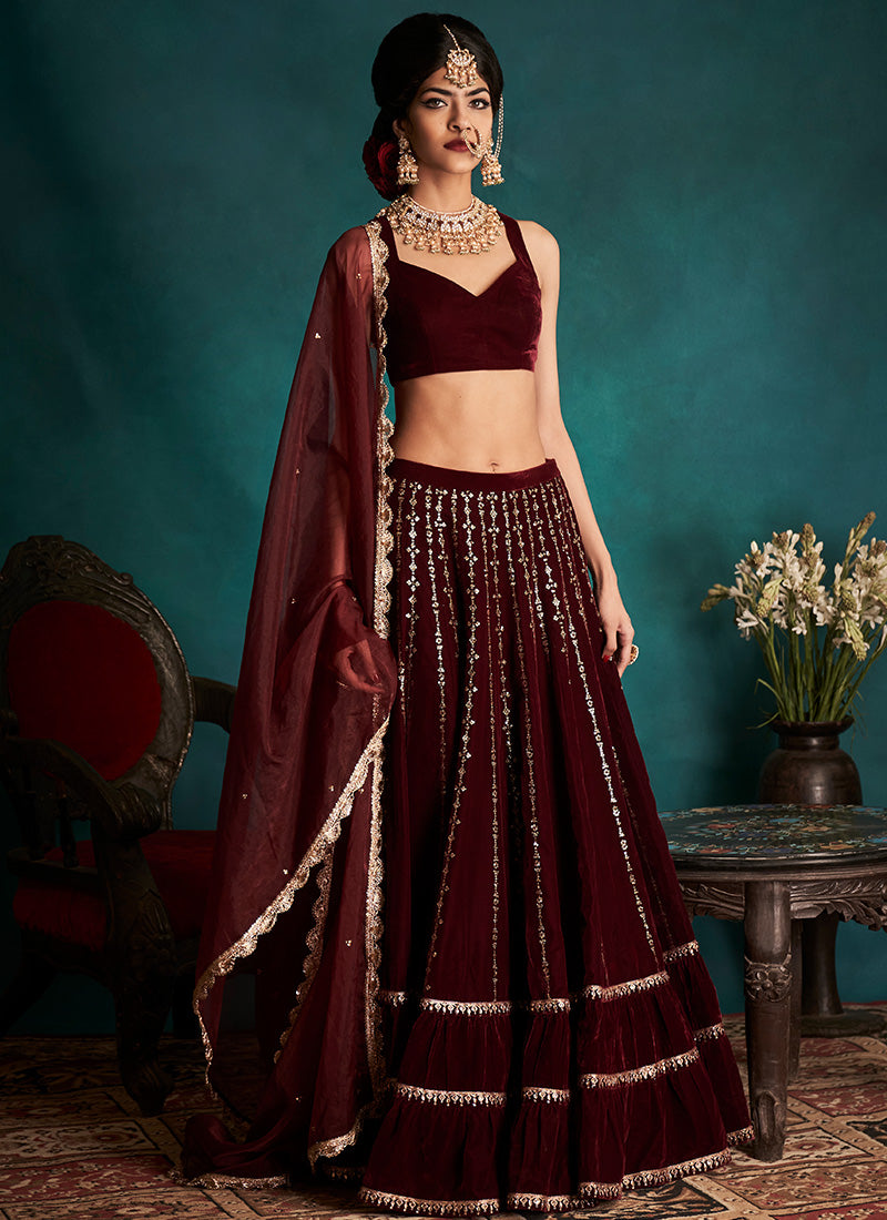 Maroon and Gold Embroidered Velvet Lehenga