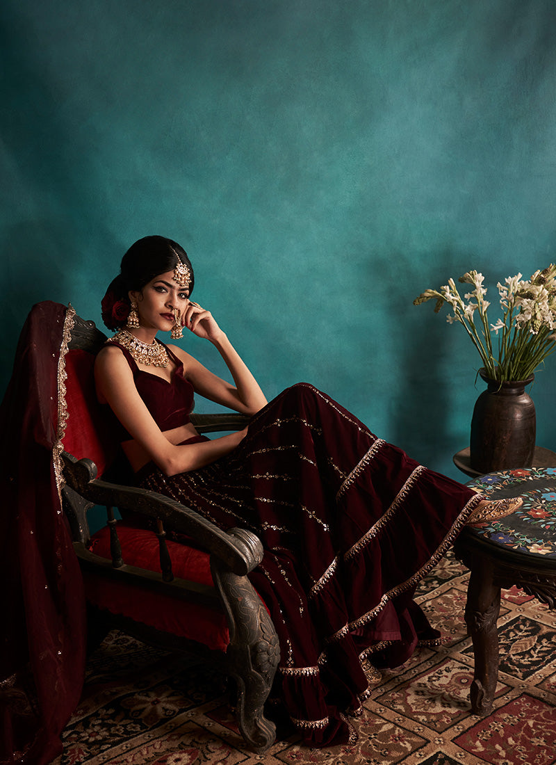 Maroon and Gold Embroidered Velvet Lehenga