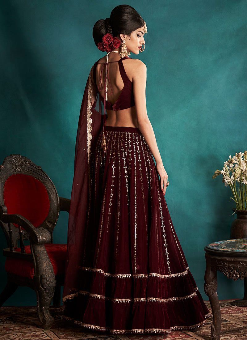Maroon and Gold Embroidered Velvet Lehenga