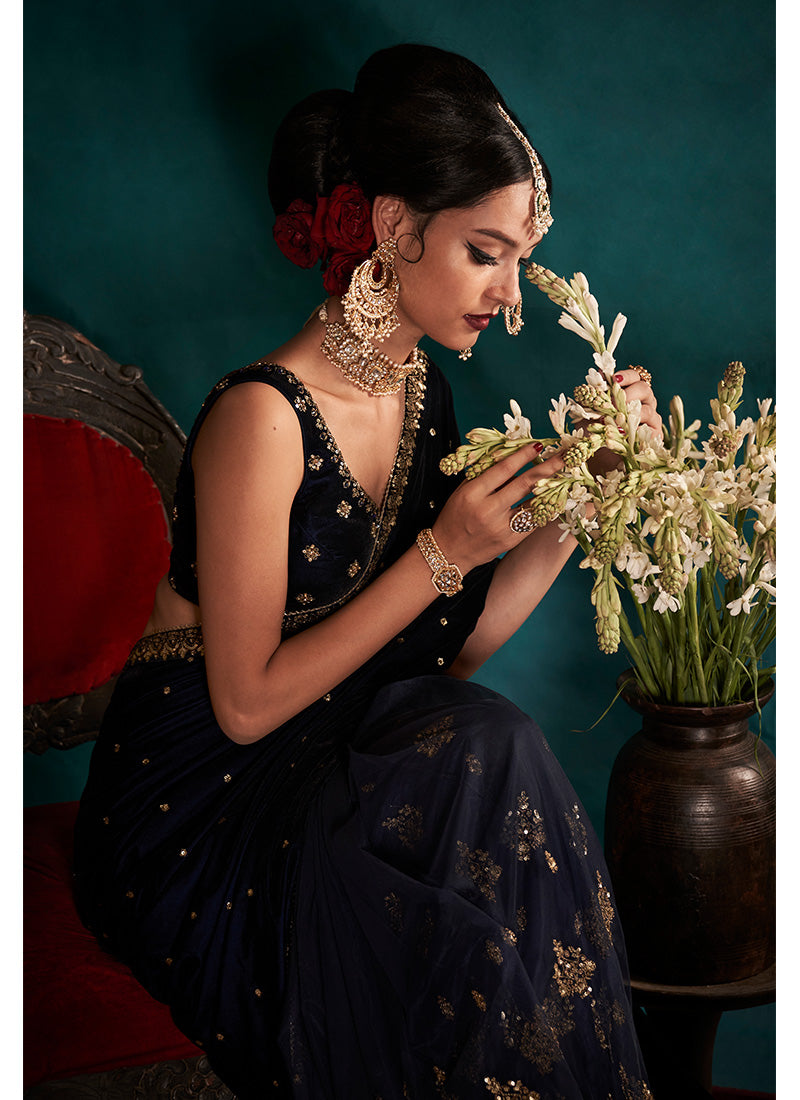 Navy Blue Embroidered Velvet Saree