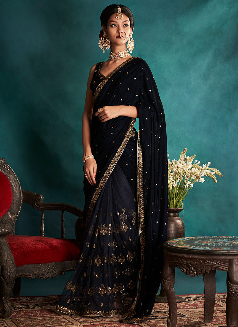 Navy Blue Embroidered Velvet Saree