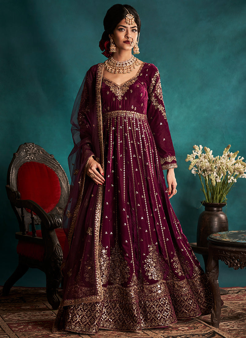 Wine and Gold Embroidered Velvet Anarkali