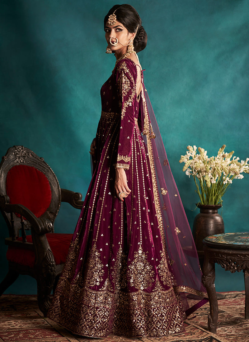 Wine and Gold Embroidered Velvet Anarkali