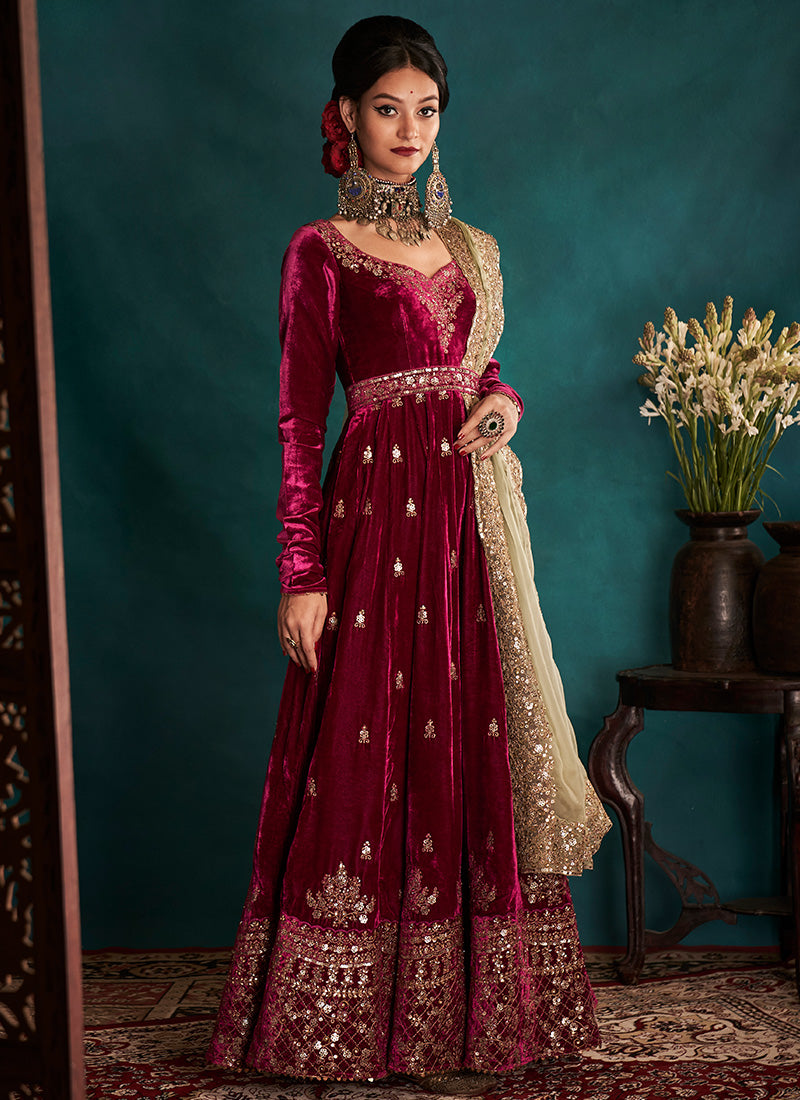 Magenta and Gold Embroidered Velvet Anarkali
