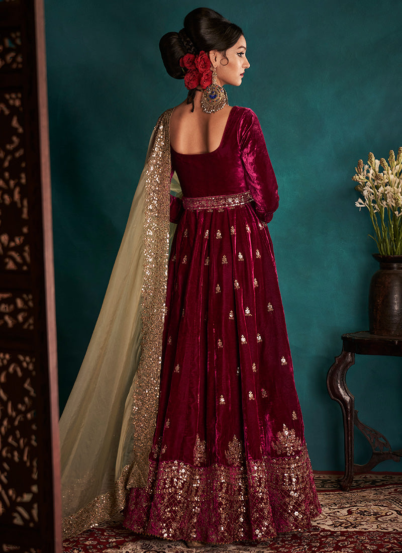 Magenta and Gold Embroidered Velvet Anarkali