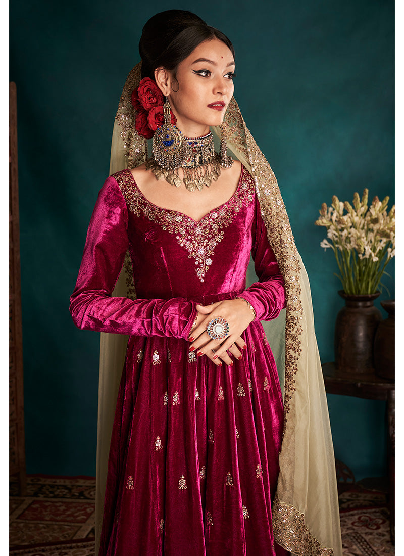 Magenta and Gold Embroidered Velvet Anarkali