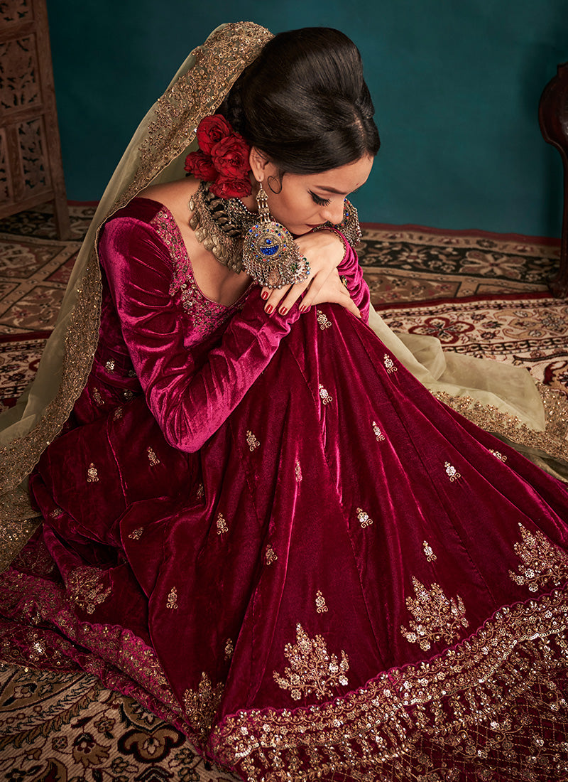 Magenta and Gold Embroidered Velvet Anarkali