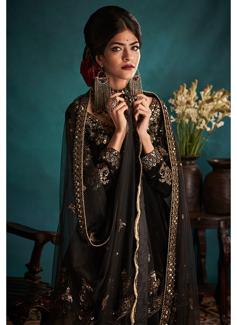 Black Embroidered Velvet Patiala Suit