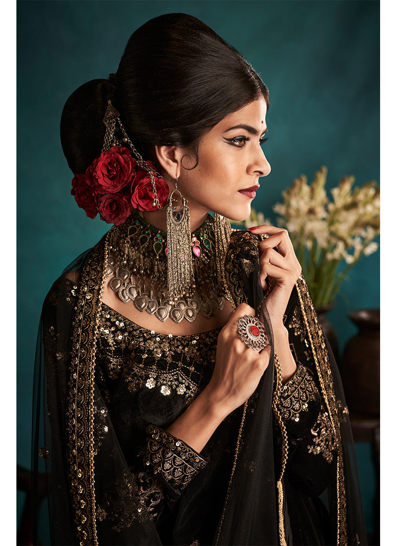 Black Embroidered Velvet Patiala Suit