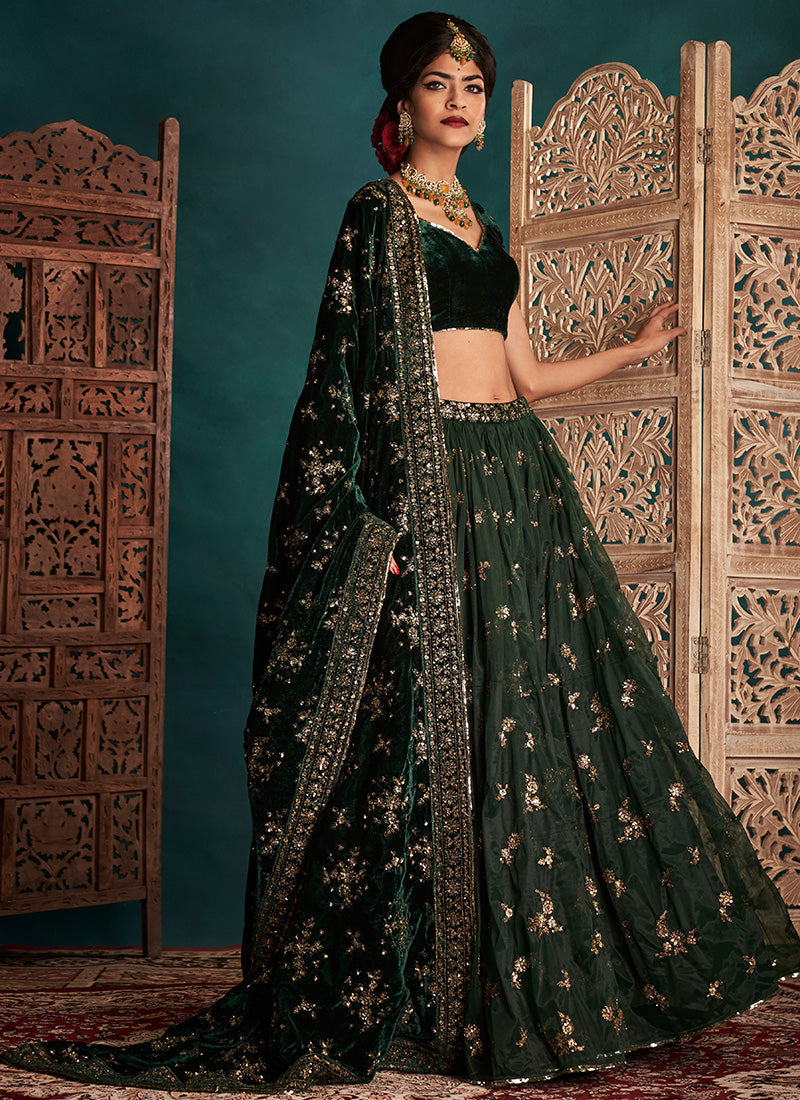 Dark Green and Gold Embroidered Velvet Lehenga