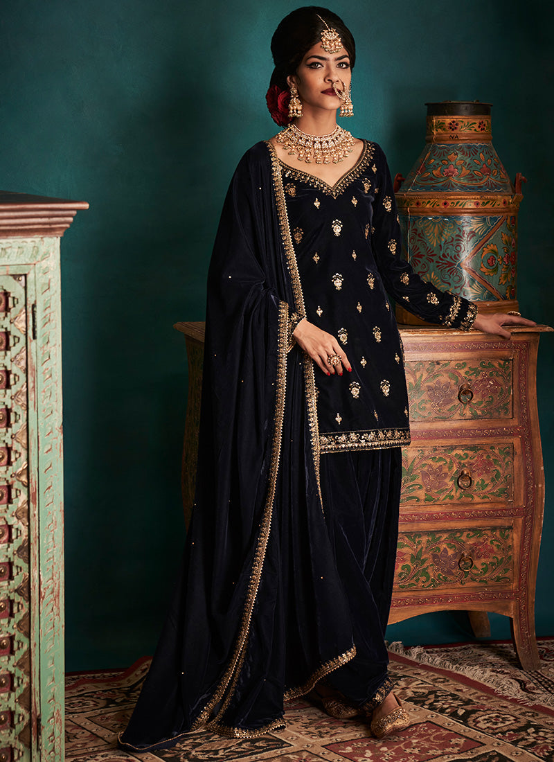 Navy Blue Embroidered Velvet Patiala Suit