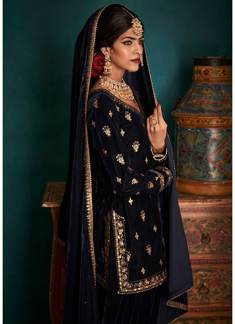 Navy Blue Embroidered Velvet Patiala Suit