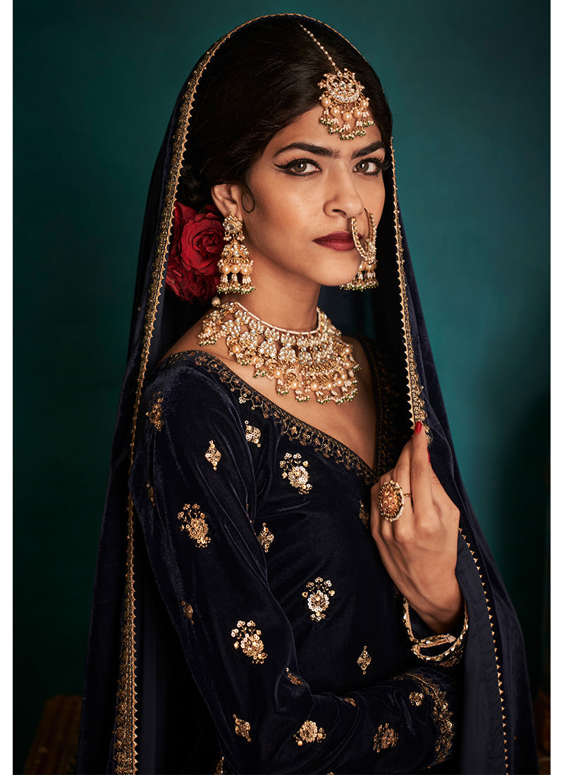 Navy Blue Embroidered Velvet Patiala Suit