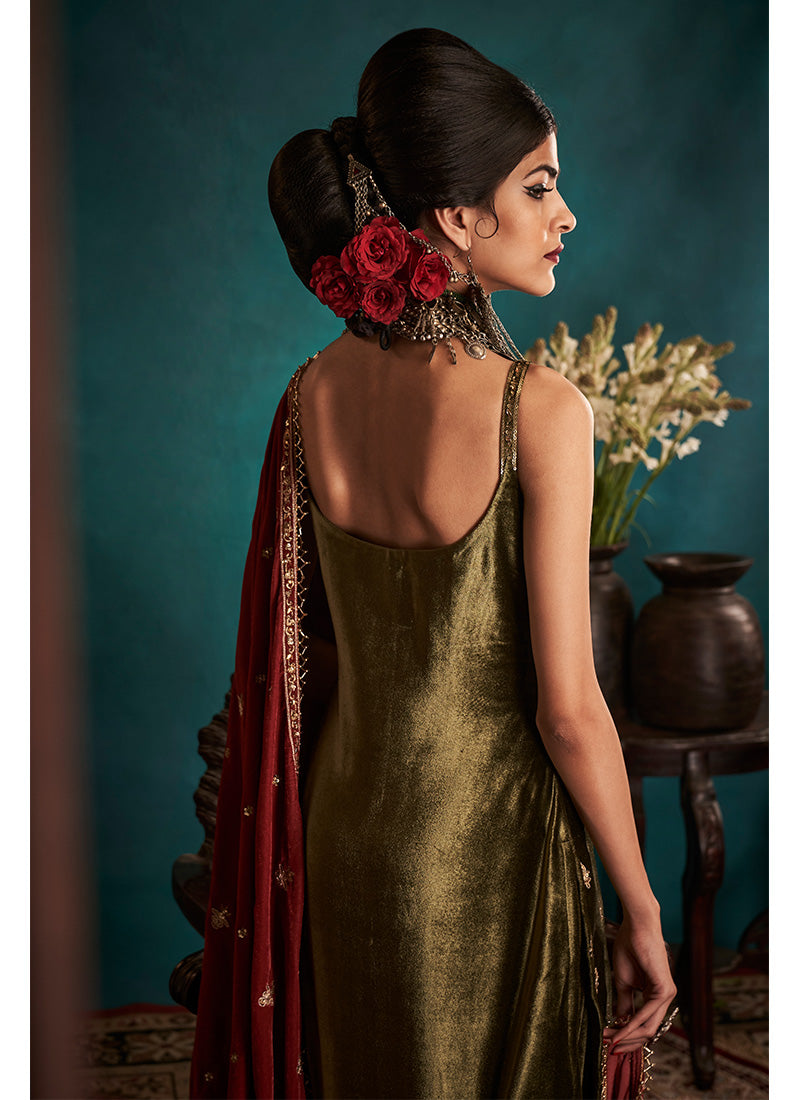 Mehendi Green and Rust Embroidered Velvet Punjabi Suit