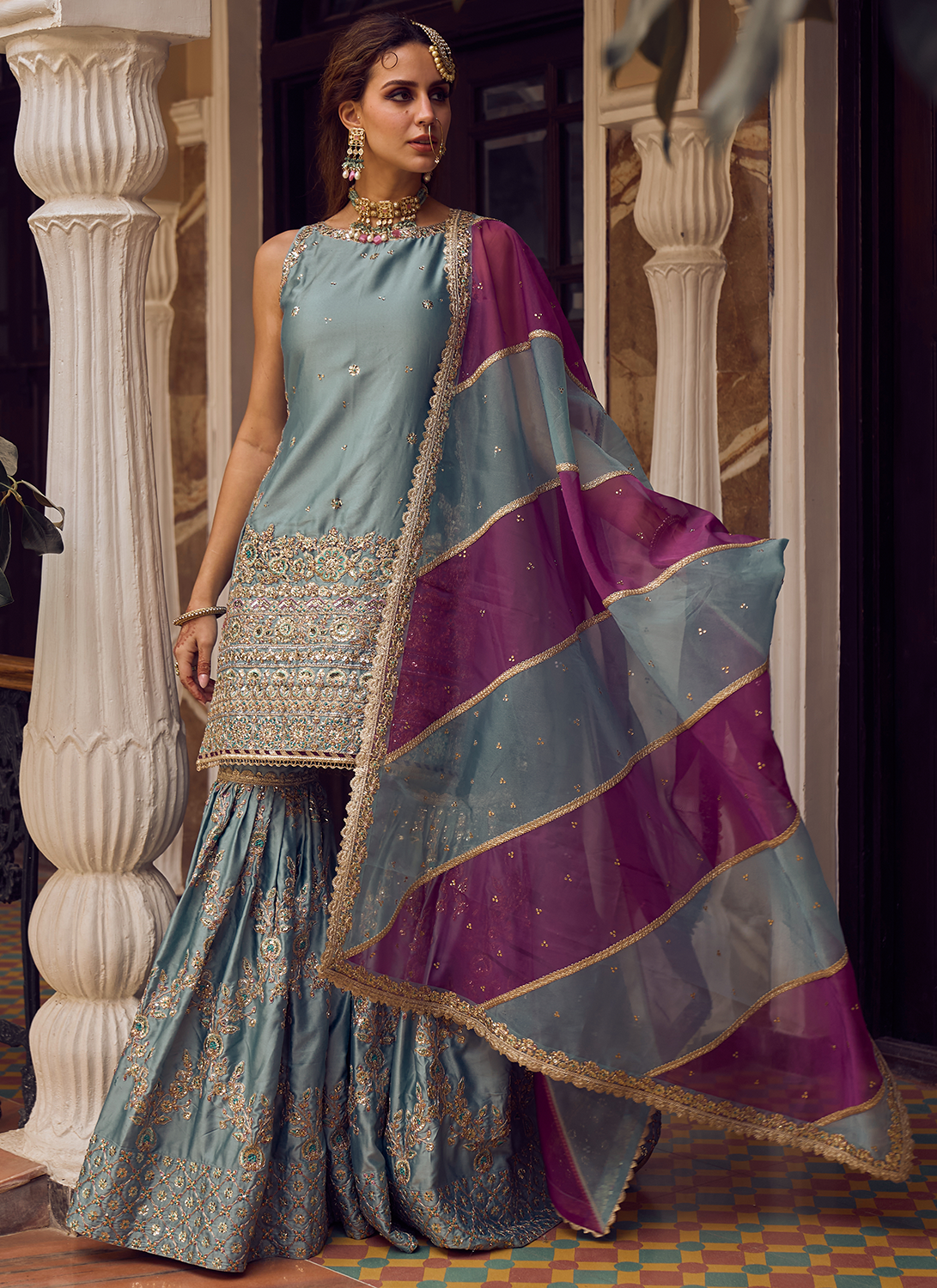 Light Blue Embroidered Gharara Suit